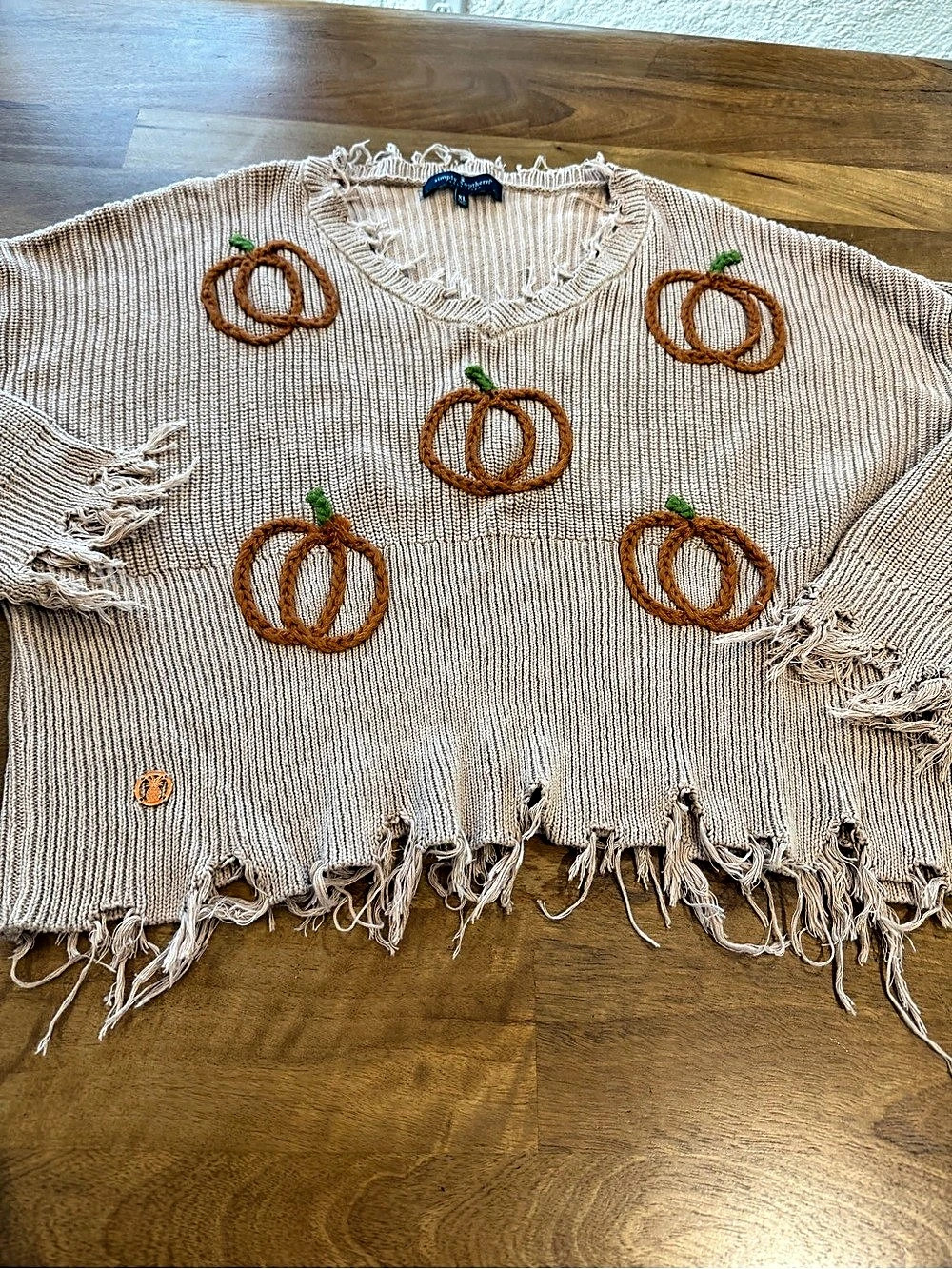 Simply Southern Distressed Knit Sweater w/ Pumpkin Embroidery and Fringe - Sz. X